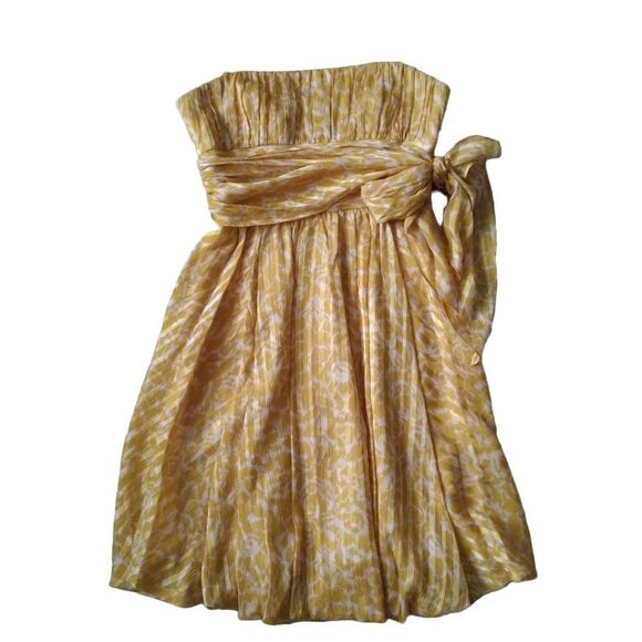BCBGMAXAZRIA Yellow & White Tie Front Strapless Bubble Mini Dress Women's Size 2 - Picture 1 of 14